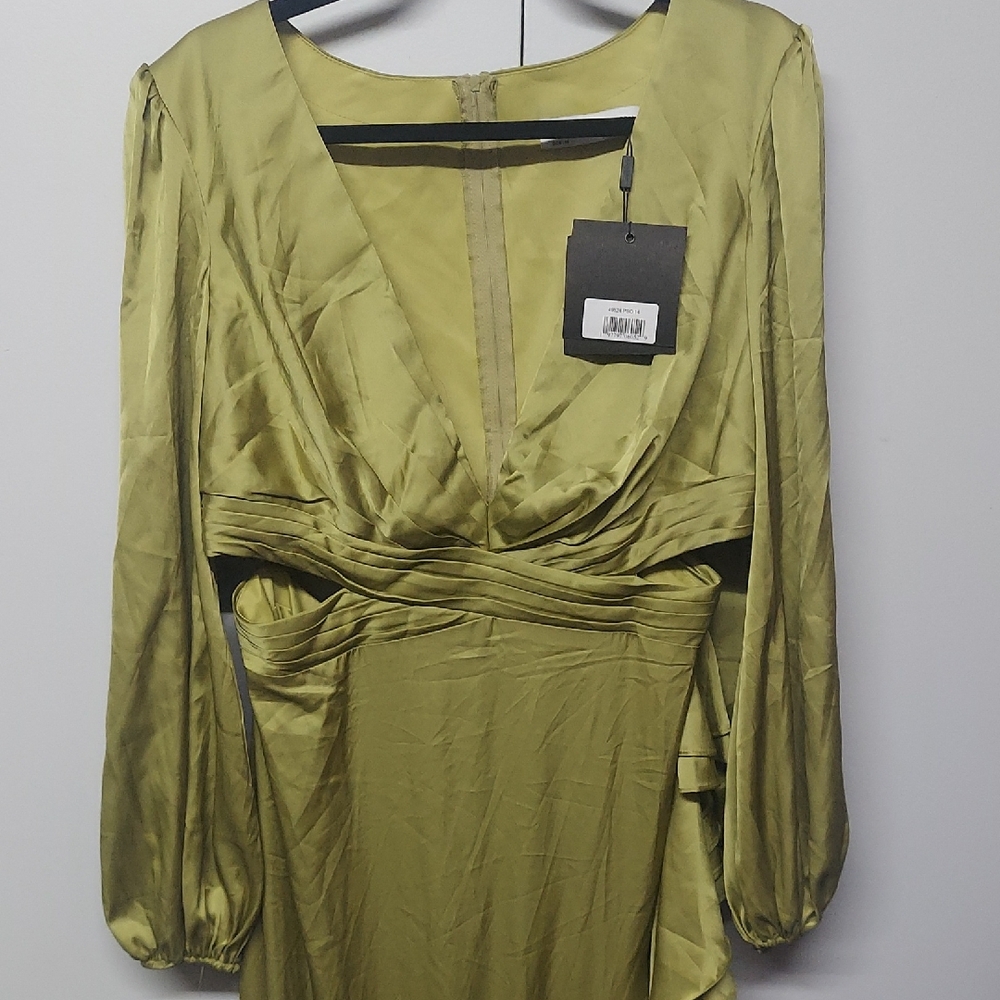 Mac Duggal Olive Green Satin Long Sleeve Cocktail Dress